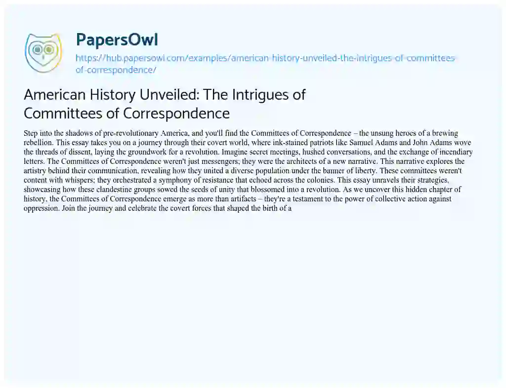 Essay on American History Unveiled: The Intrigues of Committees of Correspondence
