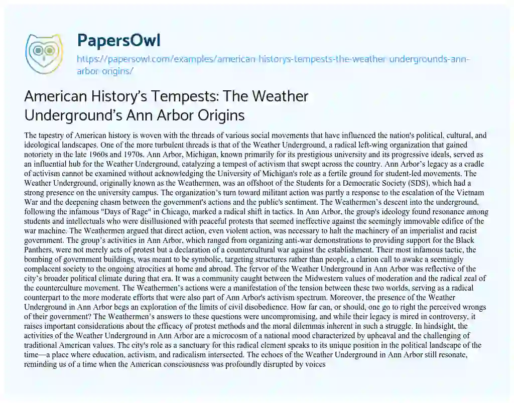 Essay on American History’s Tempests: The Weather Underground’s Ann Arbor Origins