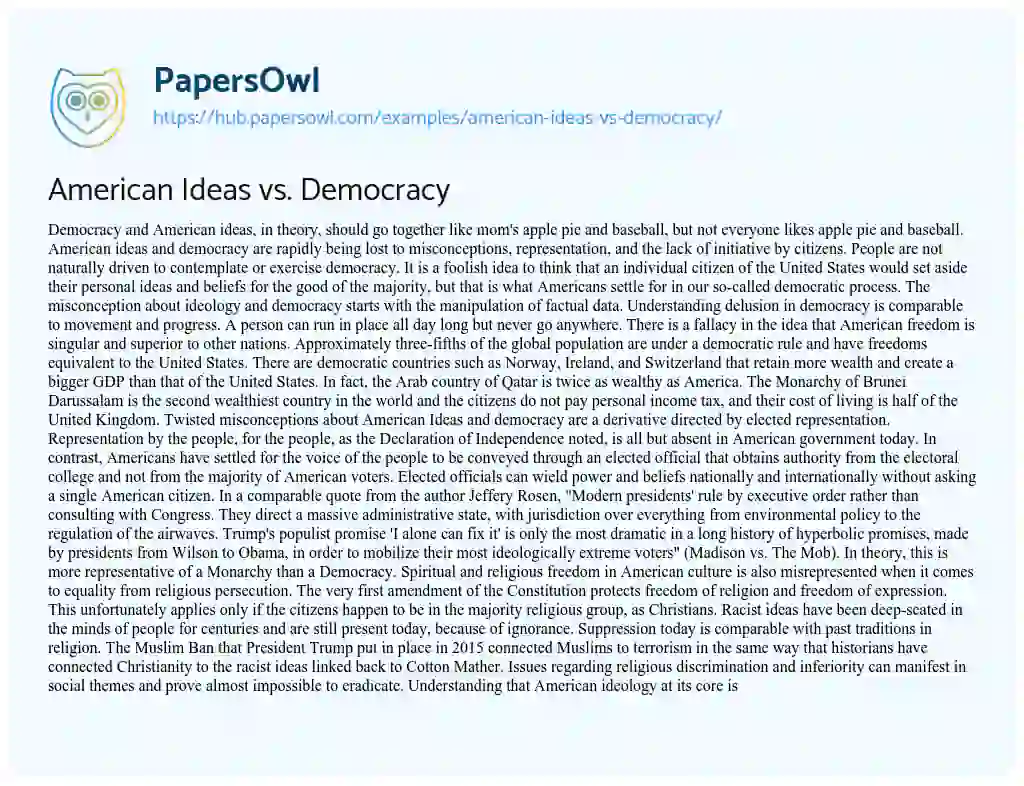 Essay on American Ideas vs. Democracy