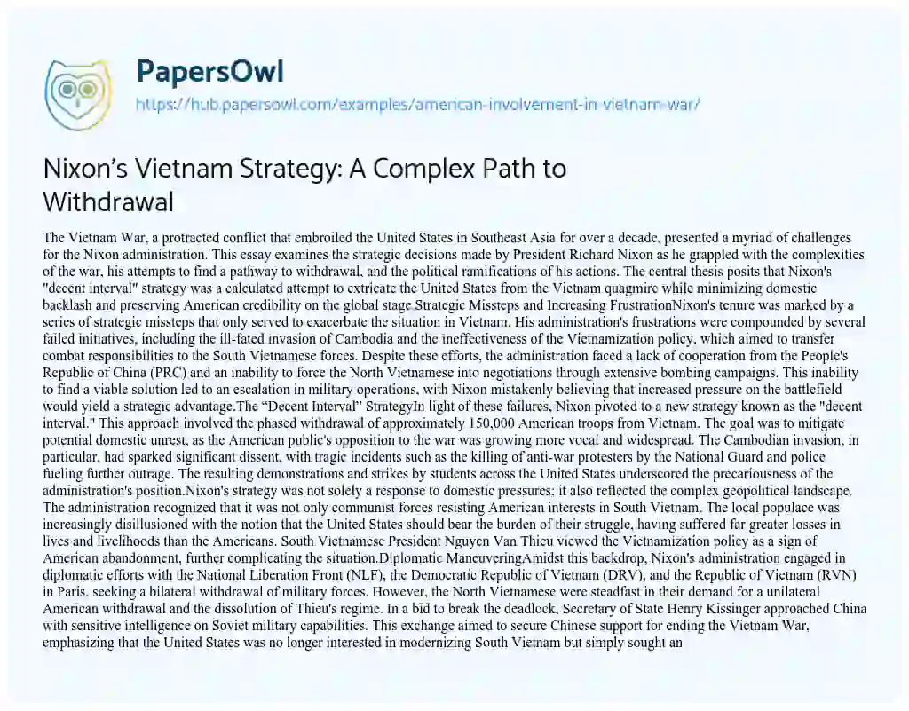 Essay on Nixon’s Vietnam Strategy: A Complex Path to Withdrawal