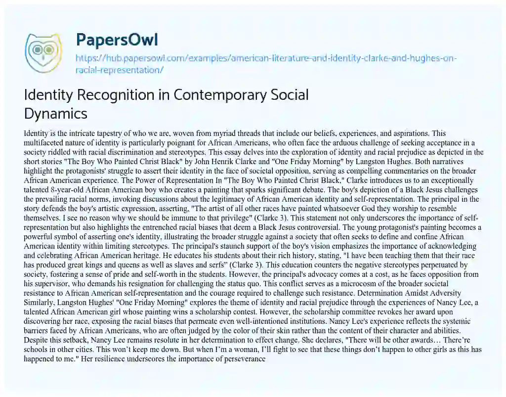 Essay on Identity Recognition in Contemporary Social Dynamics