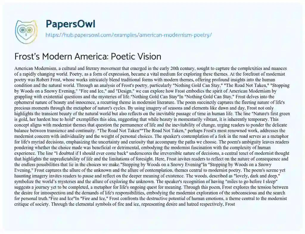 Essay on Frost’s Modern America: Poetic Vision