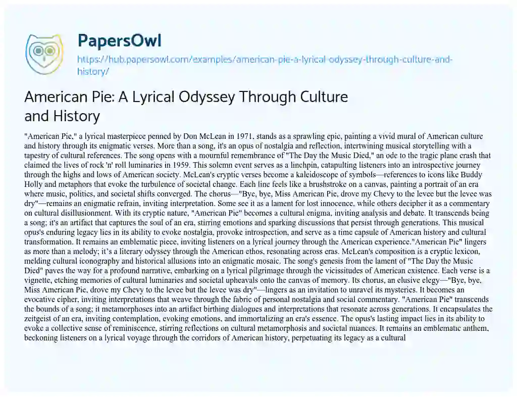 Essay on American Pie: A Lyrical Odyssey Through Culture and History