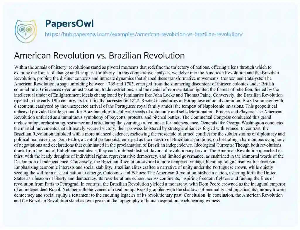 Essay on American Revolution vs. Brazilian Revolution