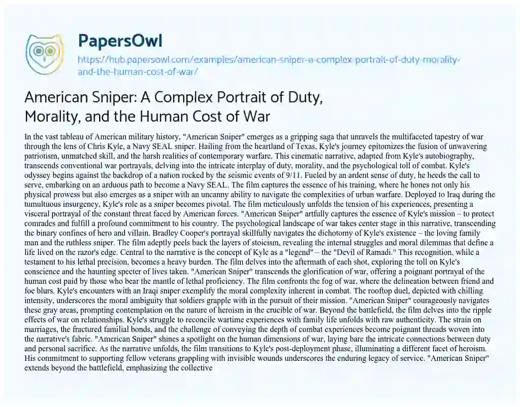 Essay on American Sniper: A Complex Portrait of Duty, Morality, and the Human Cost of War