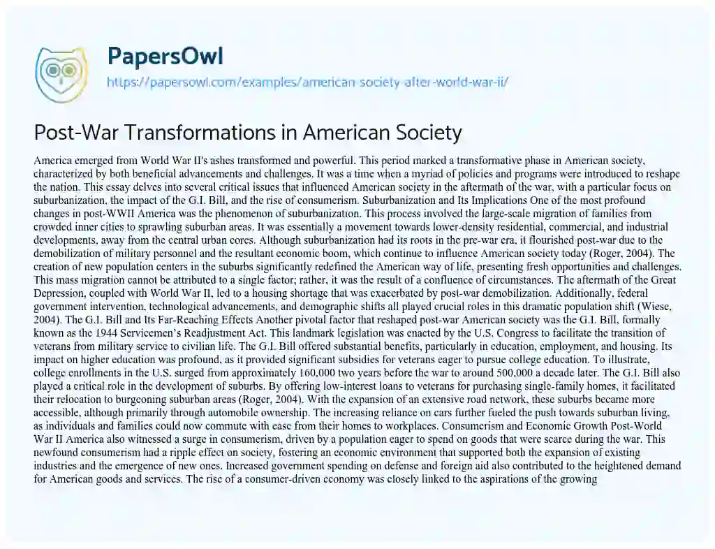 Essay on Post-War Transformations in American Society