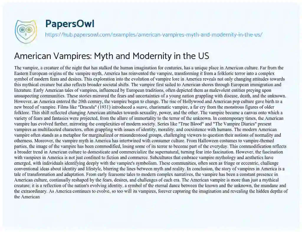 Essay on American Vampires: Myth and Modernity in the US