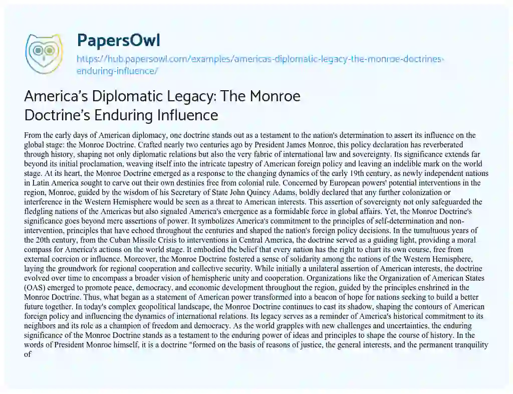 Essay on America’s Diplomatic Legacy: The Monroe Doctrine’s Enduring Influence