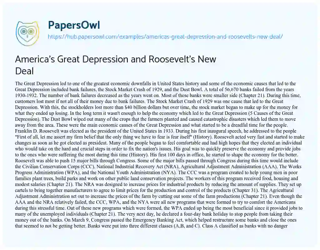 Essay on America’s Great Depression and Roosevelt’s New Deal