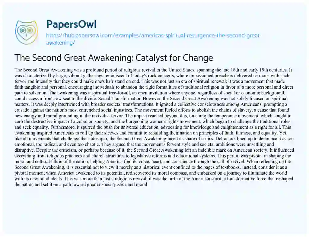 Essay on The Second Great Awakening: Catalyst for Change