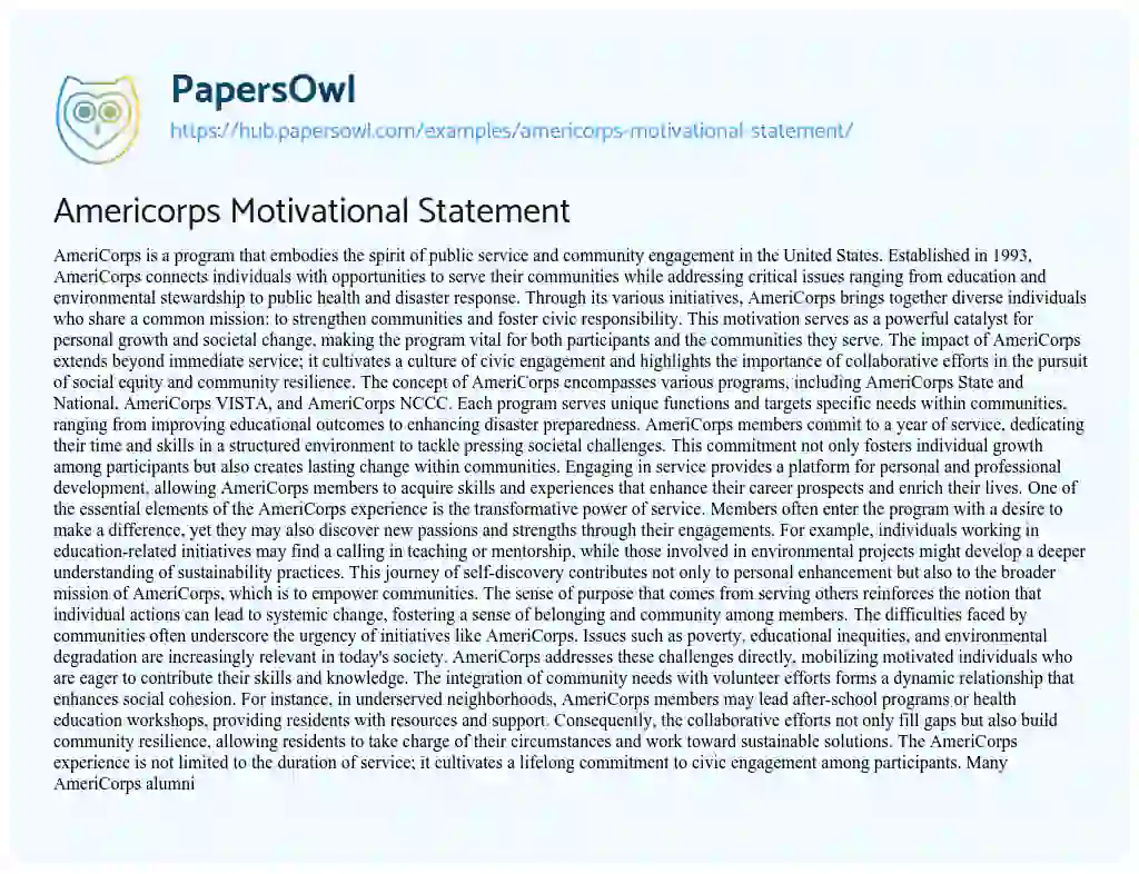 Essay on Americorps Motivational Statement