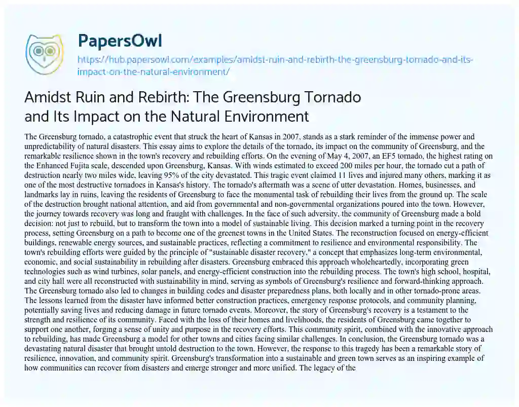 Essay on Amidst Ruin and Rebirth: The Greensburg Tornado and Its Impact on the Natural Environment