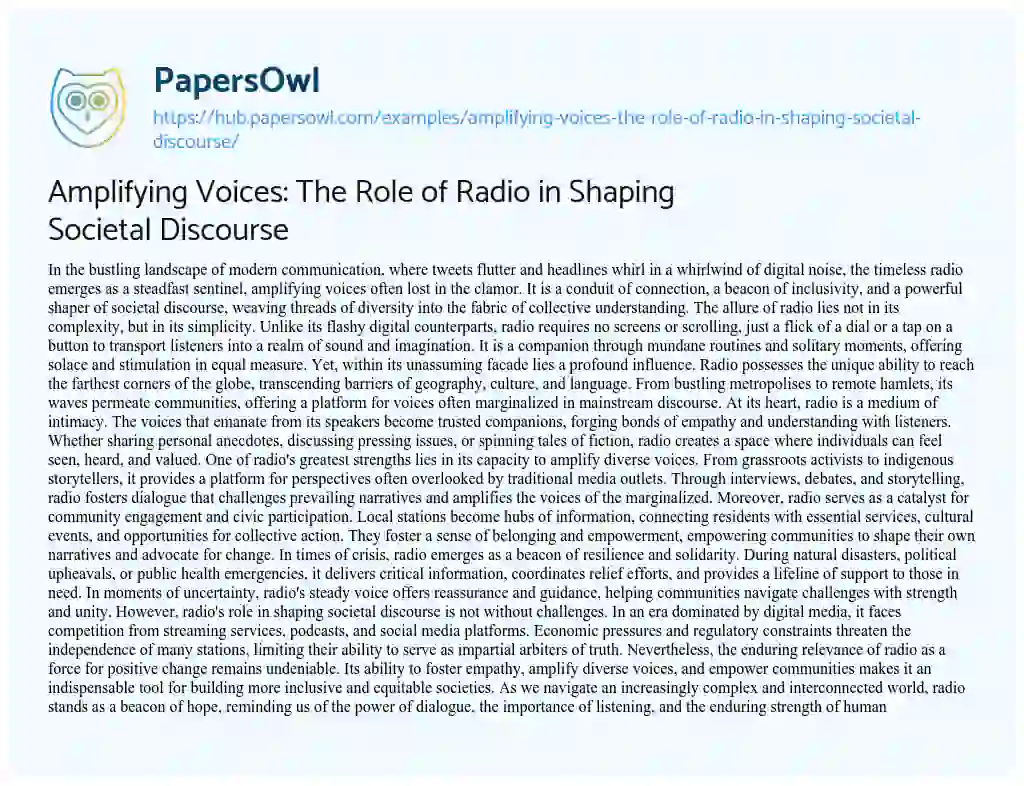 Essay on Amplifying Voices: The Role of Radio in Shaping Societal Discourse