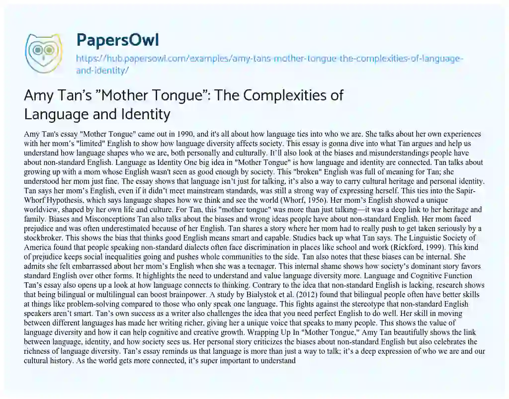 Essay on Amy Tan’s “Mother Tongue”: The Complexities of Language and Identity