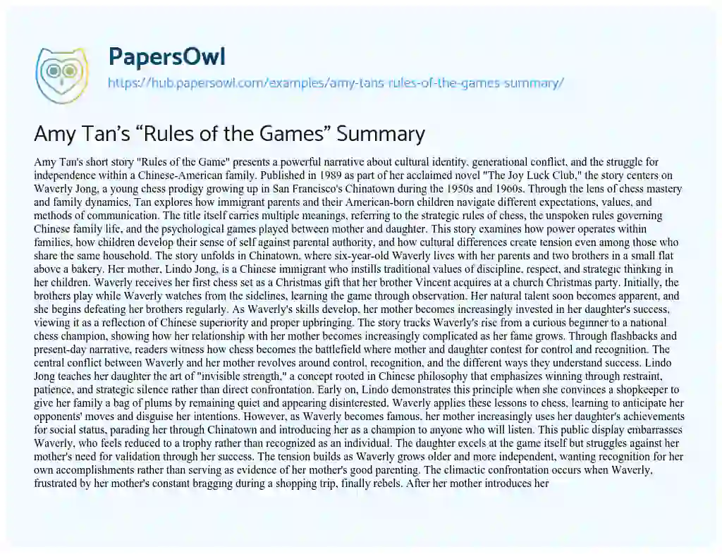 Essay on Amy Tan’s “Rules of the Games” Summary