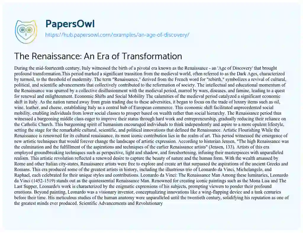 Essay on The Renaissance: An Era of Transformation