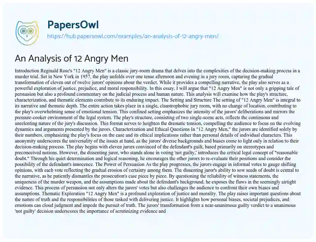 Essay on An Analysis of 12 Angry Men