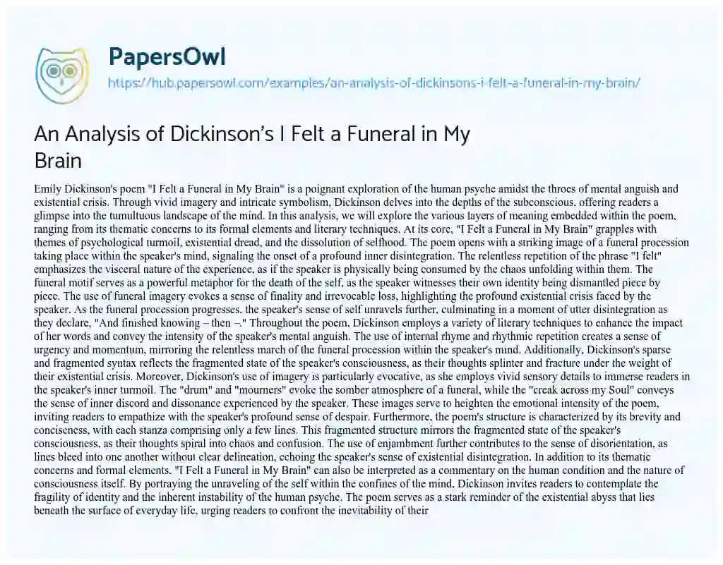 Essay on An Analysis of Dickinson’s I Felt a Funeral in My Brain
