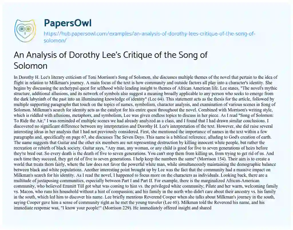 Essay on An Analysis of Dorothy Lee’s Critique of the Song of Solomon