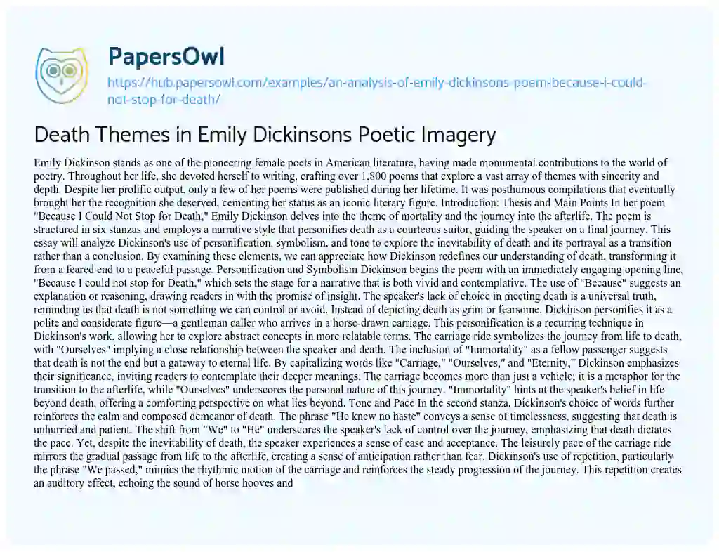 Essay on Death Themes in Emily Dickinsons Poetic Imagery