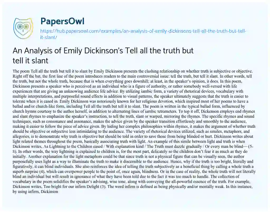 Essay on An Analysis of Emily Dickinson’s Tell all the truth but tell it slant
