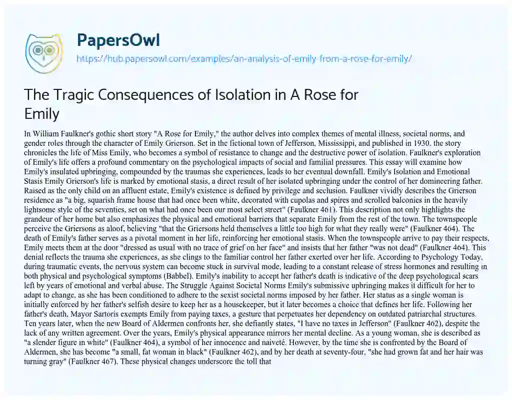 Essay on The Tragic Consequences of Isolation in A Rose for Emily