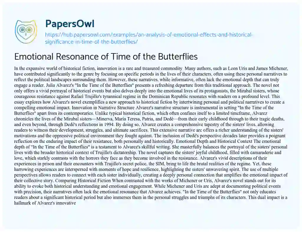 Essay on Emotional Resonance of Time of the Butterflies