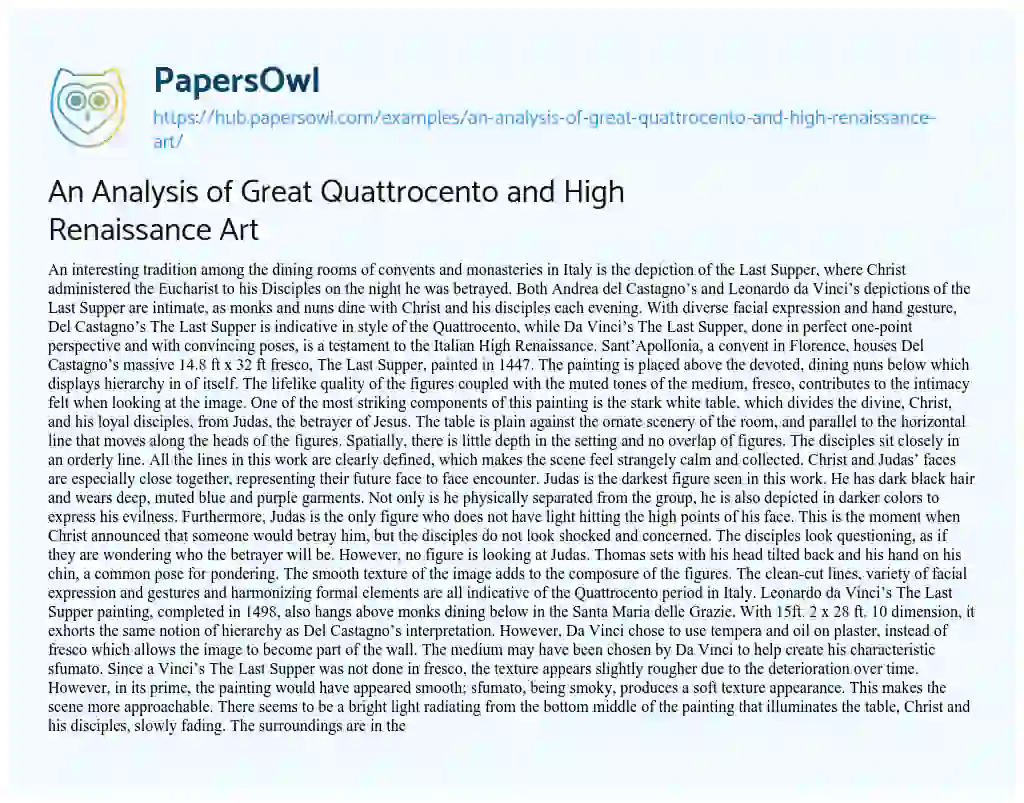 Essay on An Analysis of Great Quattrocento and High Renaissance Art