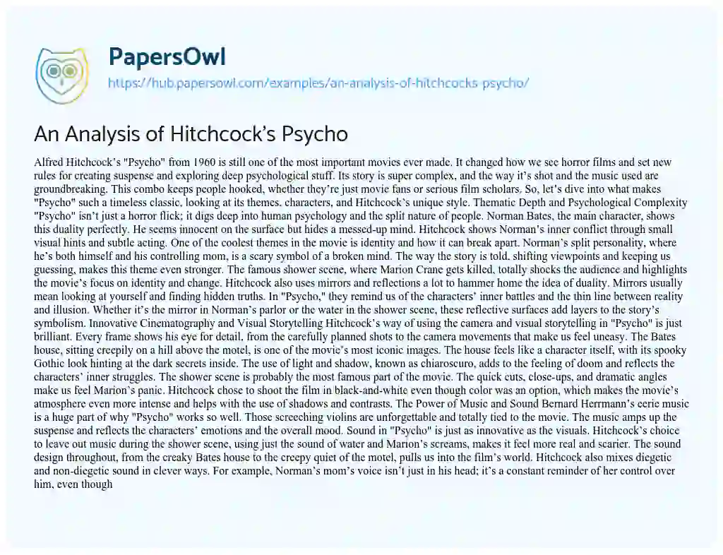 Essay on An Analysis of Hitchcock’s Psycho