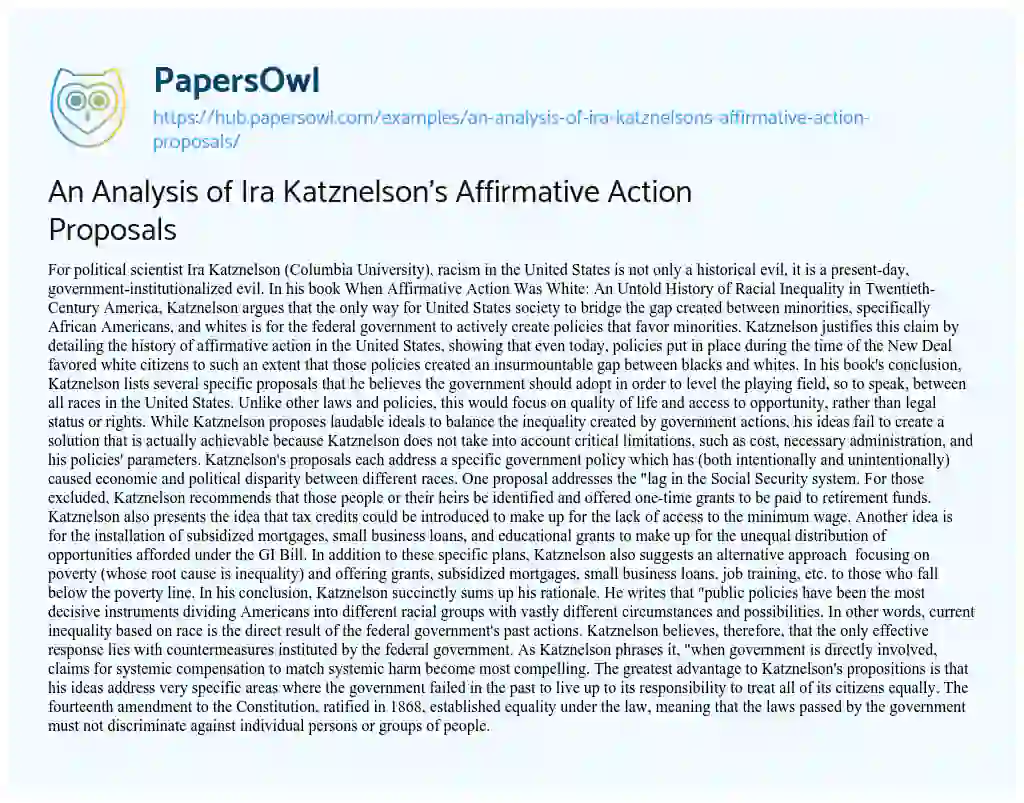 Essay on An Analysis of Ira Katznelson’s Affirmative Action Proposals