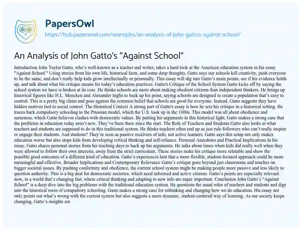 Essay on An Analysis of John Gatto’s “Against School”