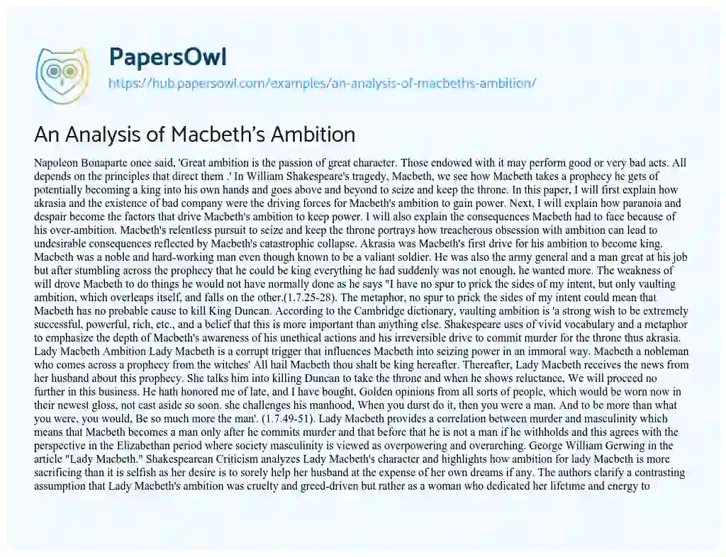Essay on An Analysis of Macbeth’s Ambition