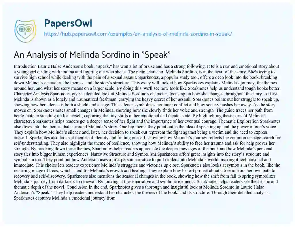 Essay on An Analysis of Melinda Sordino in “Speak”