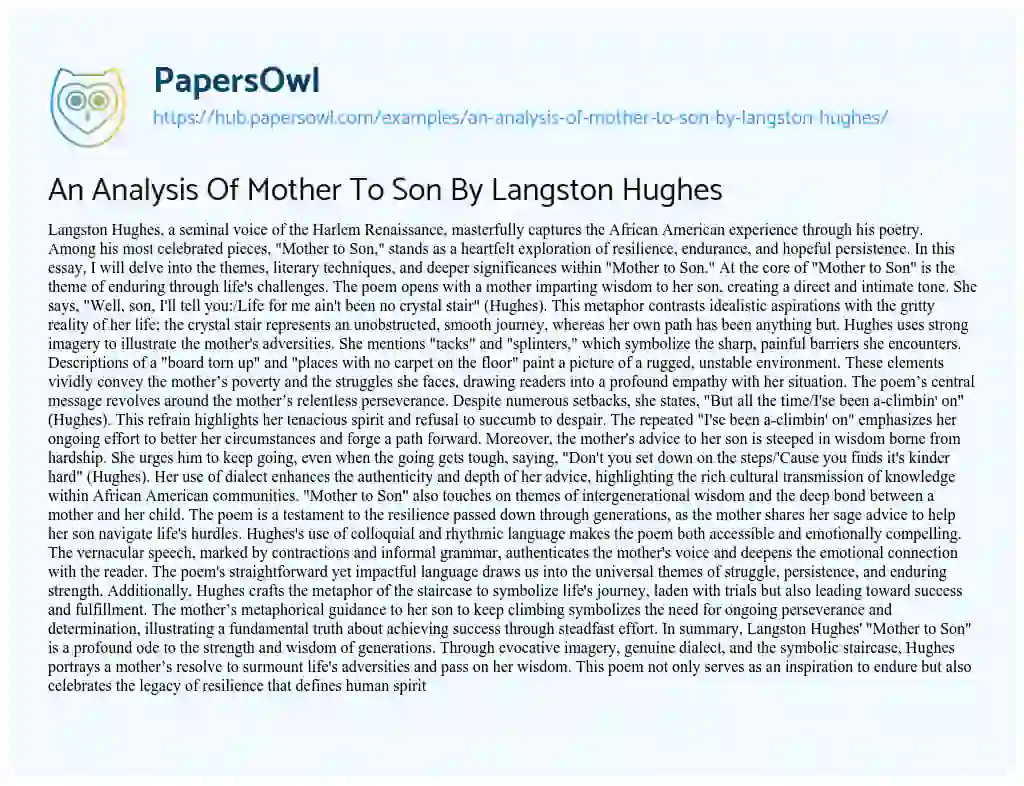 Essay on An Analysis Of Mother To Son By Langston Hughes