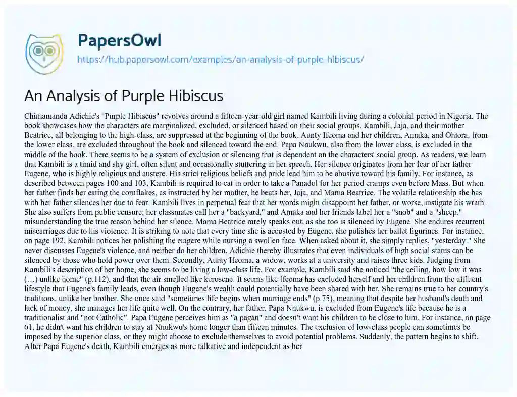 Essay on An Analysis of Purple Hibiscus