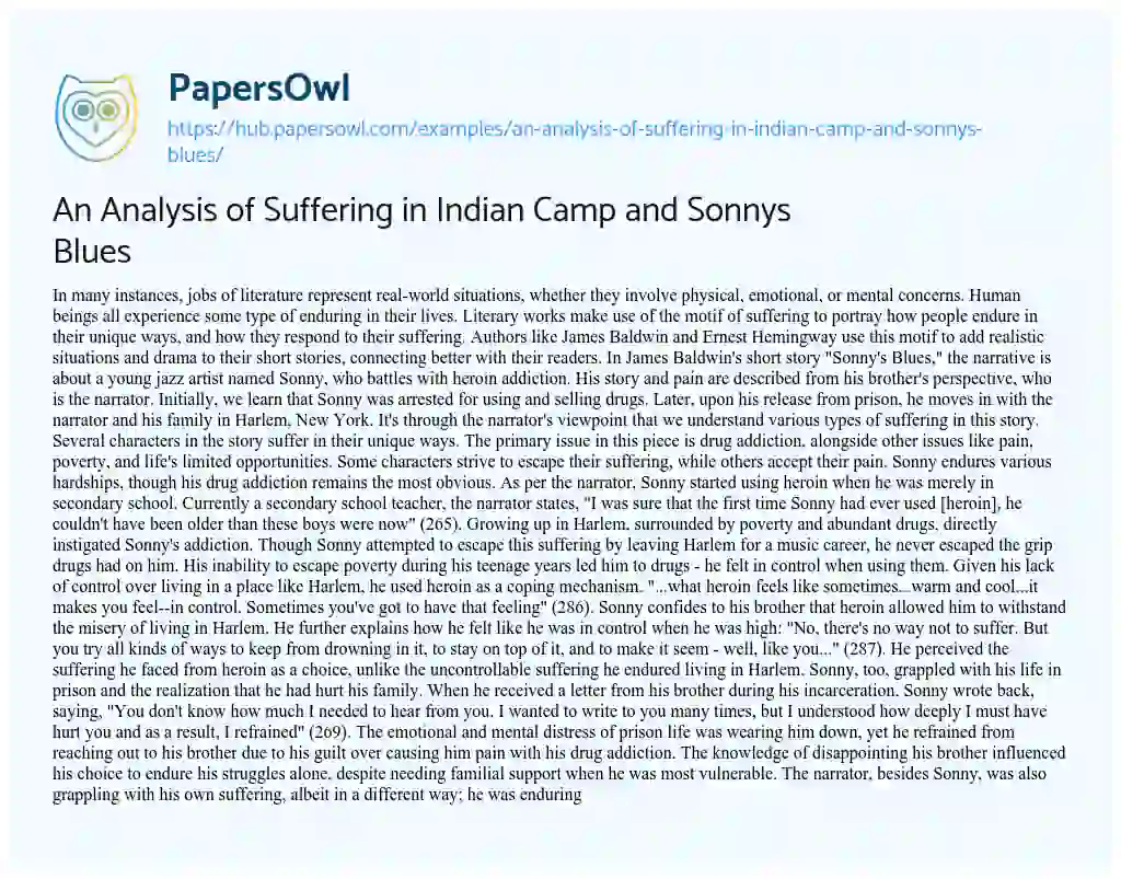 Essay on An Analysis of Suffering in Indian Camp and Sonnys Blues
