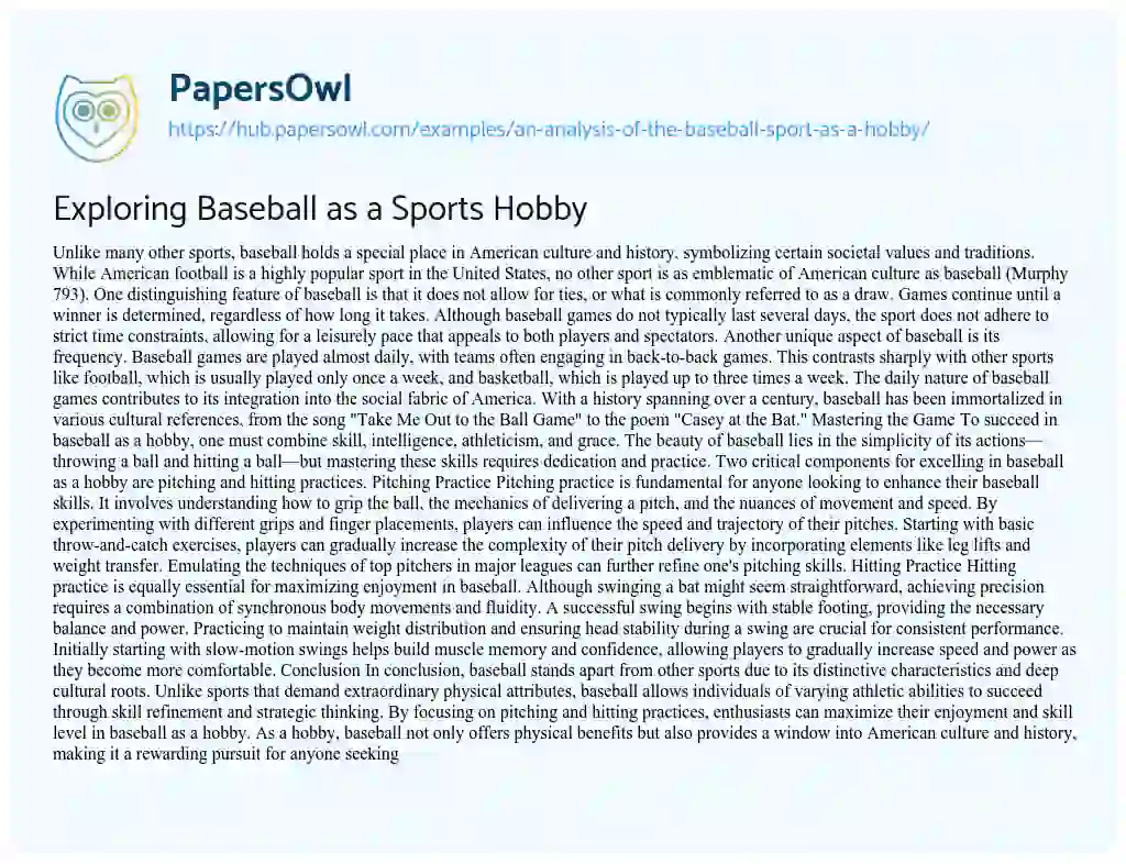 Essay on Exploring Baseball as a Sports Hobby