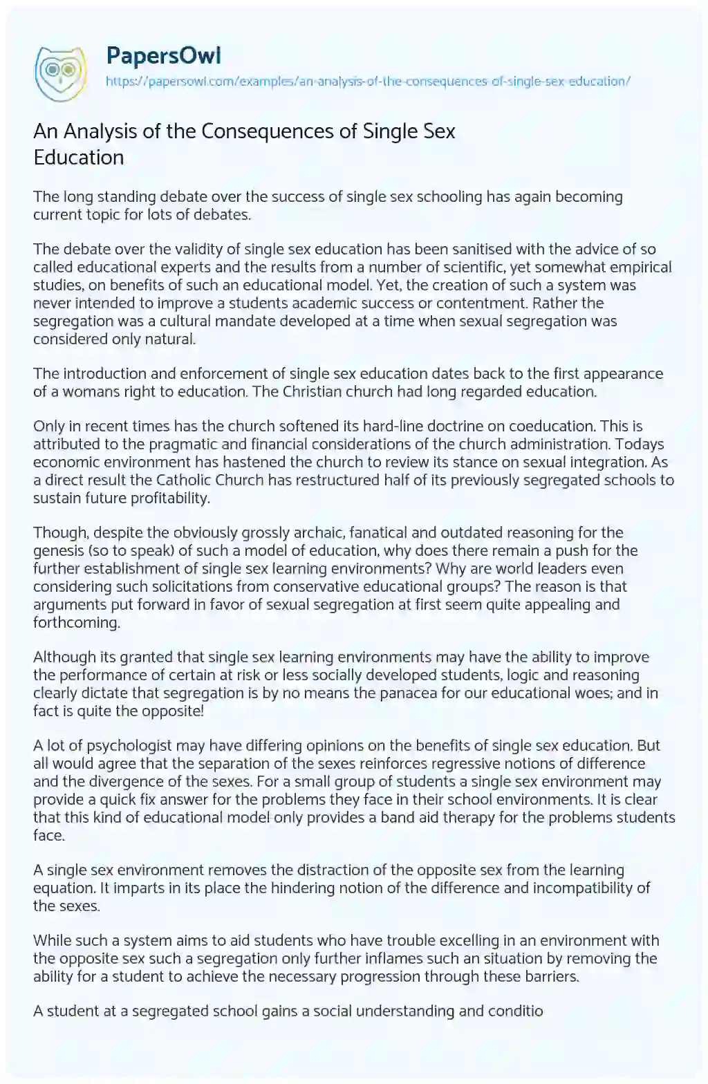 Essay on An Analysis of the Consequences of Single Sex Education