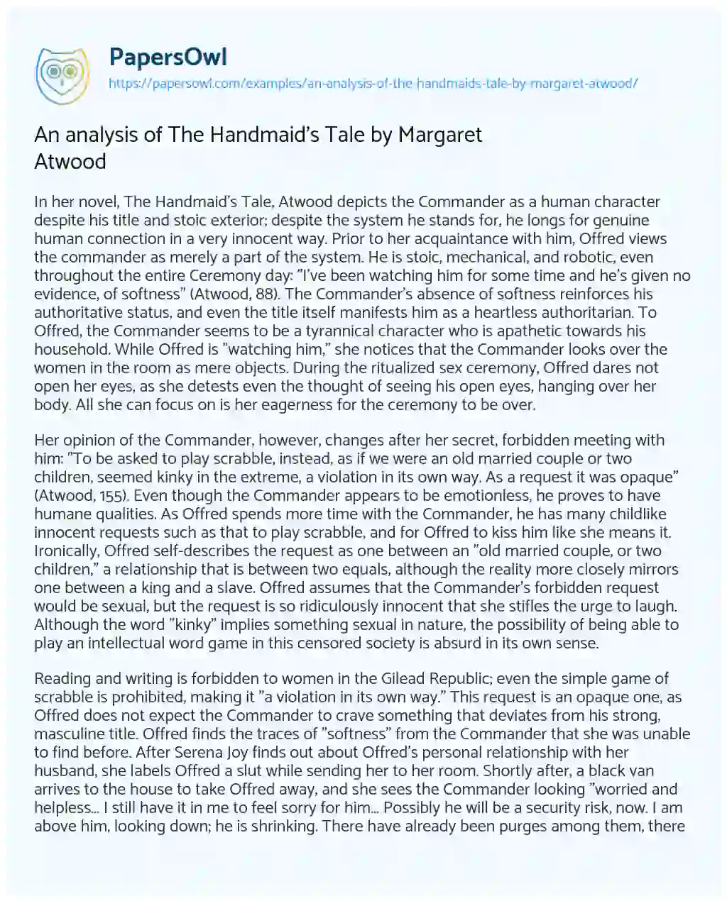 Essay on An analysis of The Handmaid’s Tale by Margaret Atwood