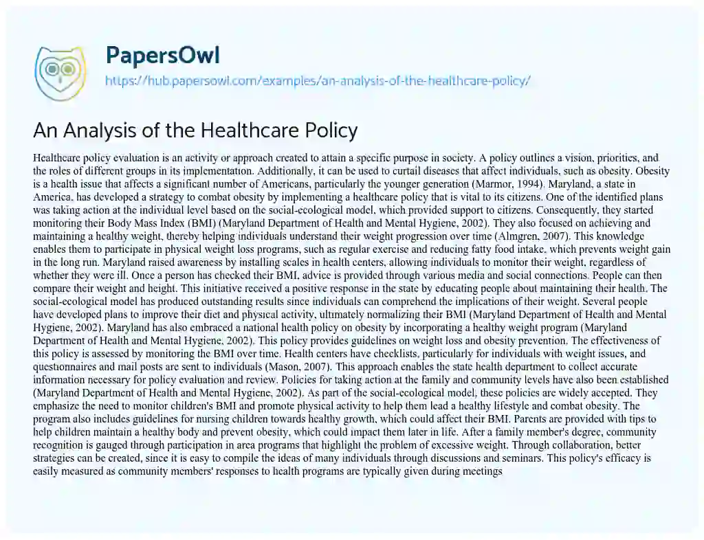 Essay on An Analysis of the Healthcare Policy