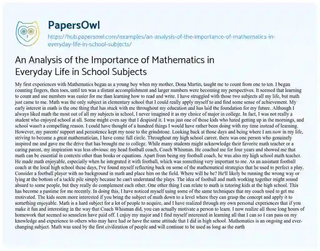 Essay on An Analysis of the Importance of Mathematics in Everyday Life in School Subjects