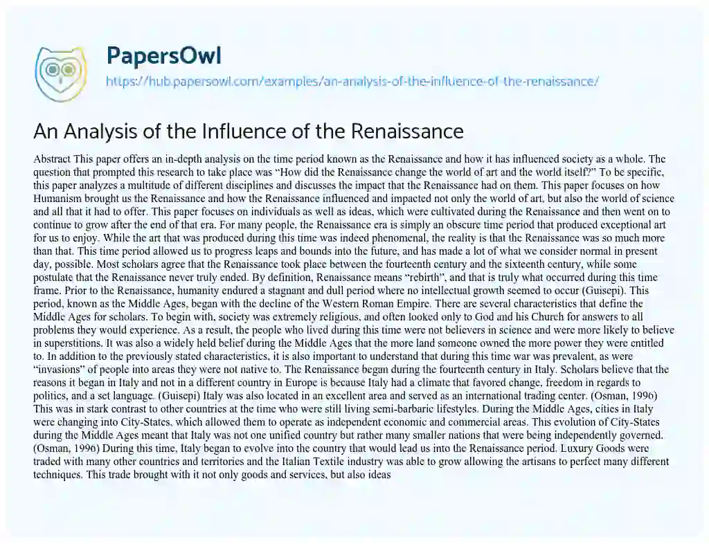 Essay on An Analysis of the Influence of the Renaissance