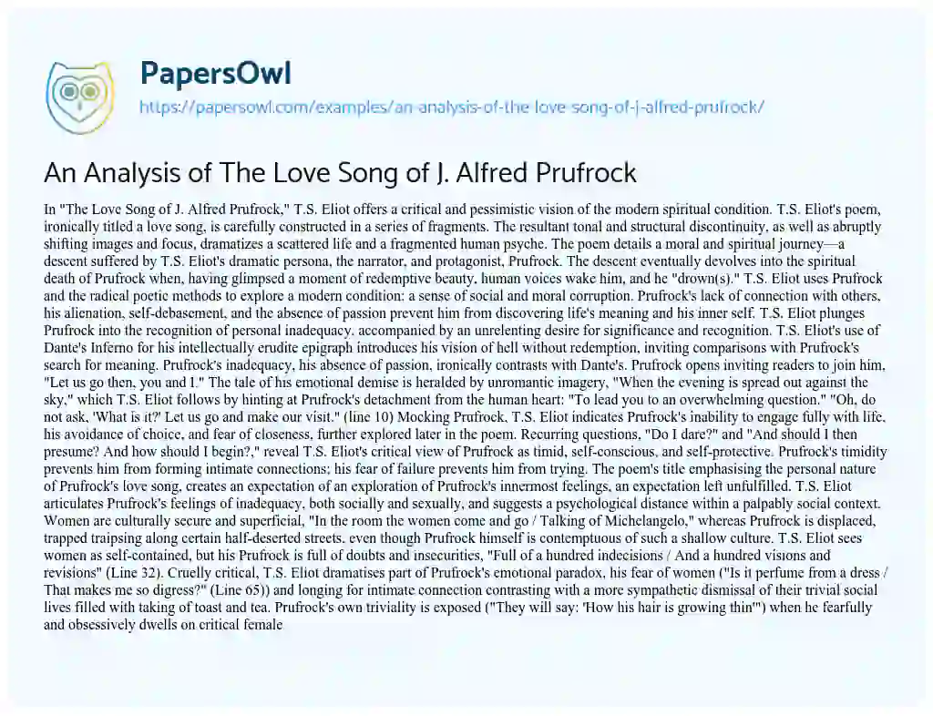Essay on An Analysis of The Love Song of J. Alfred Prufrock