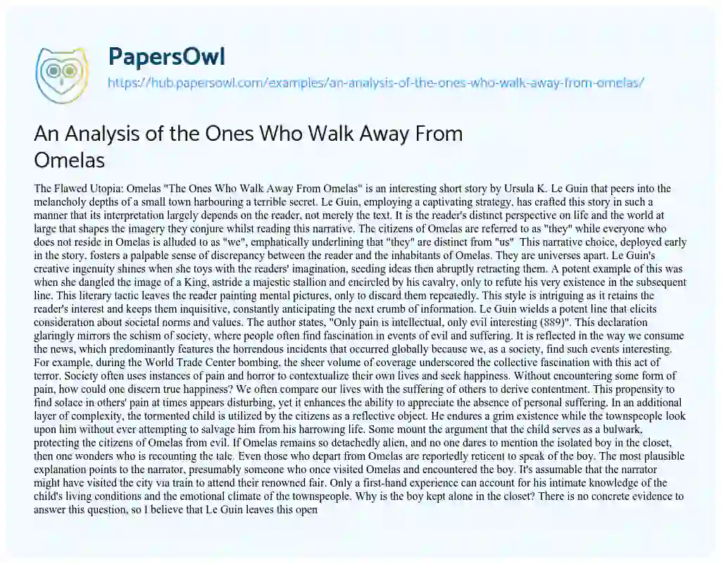 Essay on An Analysis of the Ones Who Walk Away From Omelas