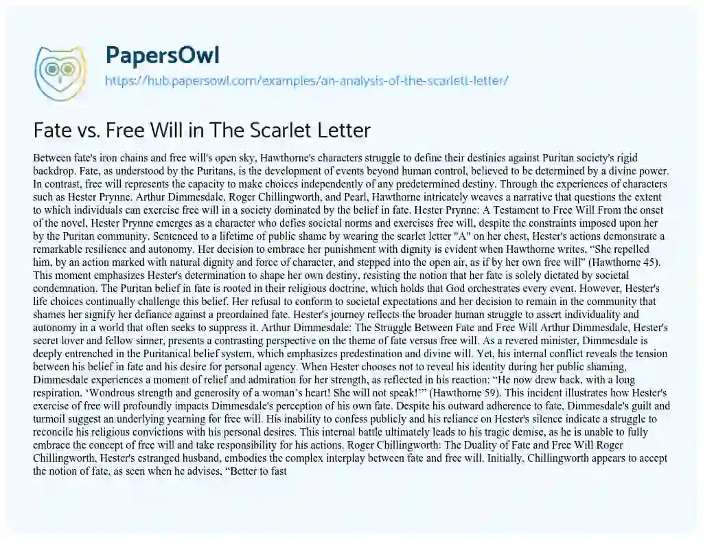 Essay on Fate vs. Free Will in The Scarlet Letter
