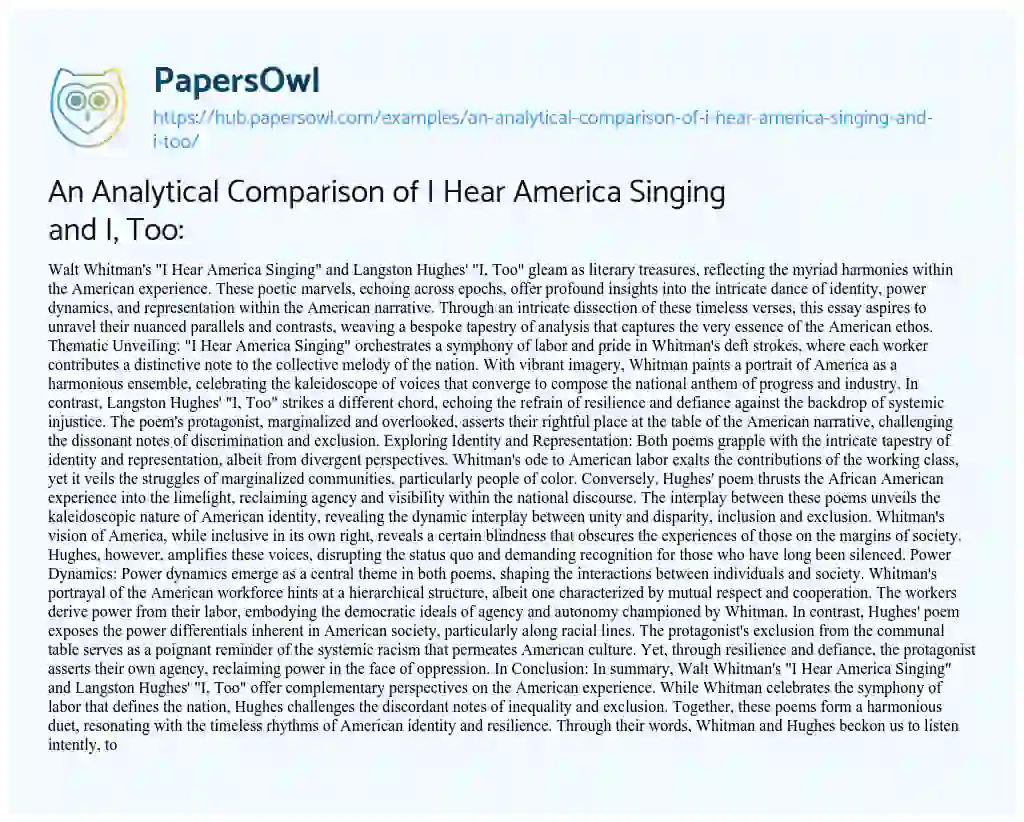Essay on An Analytical Comparison of I Hear America Singing and I, Too: