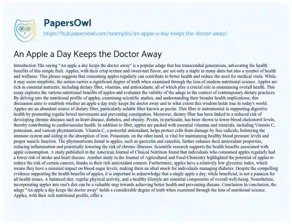 Essay on An Apple a Day Keeps the Doctor Away