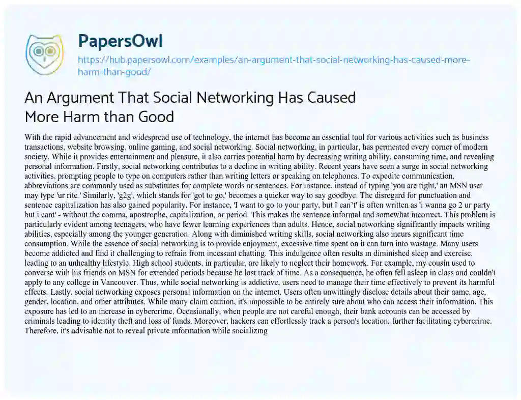 Essay on An Argument That Social Networking Has Caused More Harm than Good