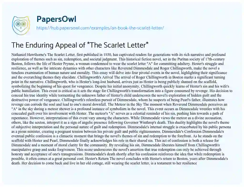 Essay on The Enduring Appeal of *The Scarlet Letter*