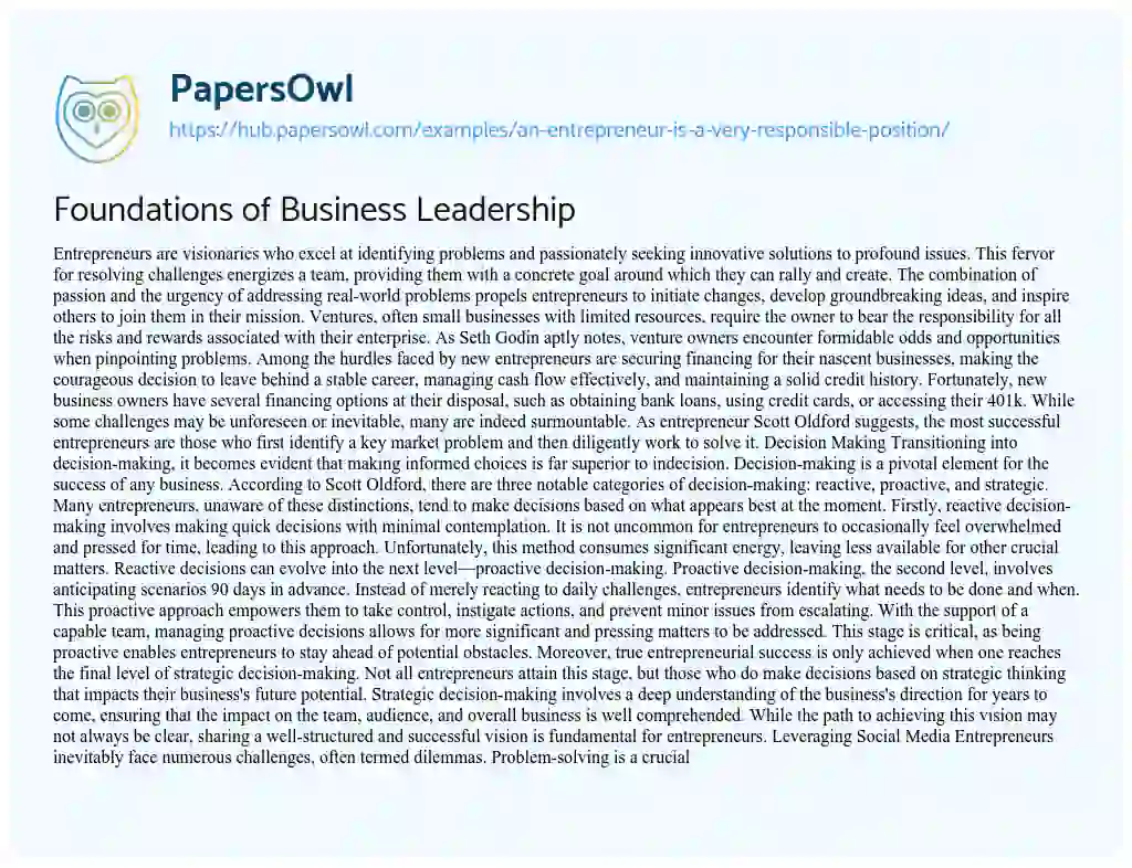 Essay on Foundations of Business Leadership